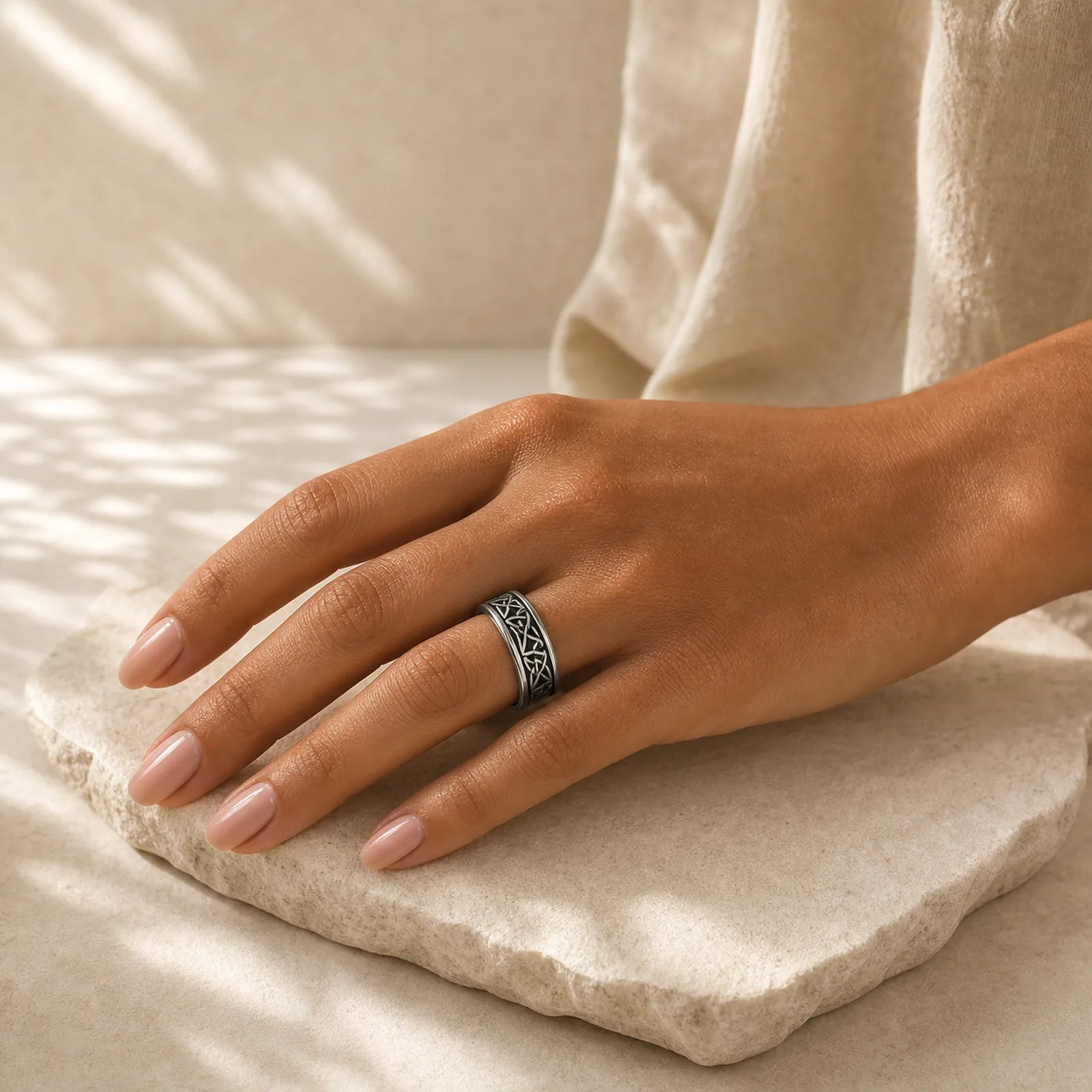 Triangle Knot Triquetra Titanium Steel Calm Rotatable Ring featuring Triquetra, Titanium Steel