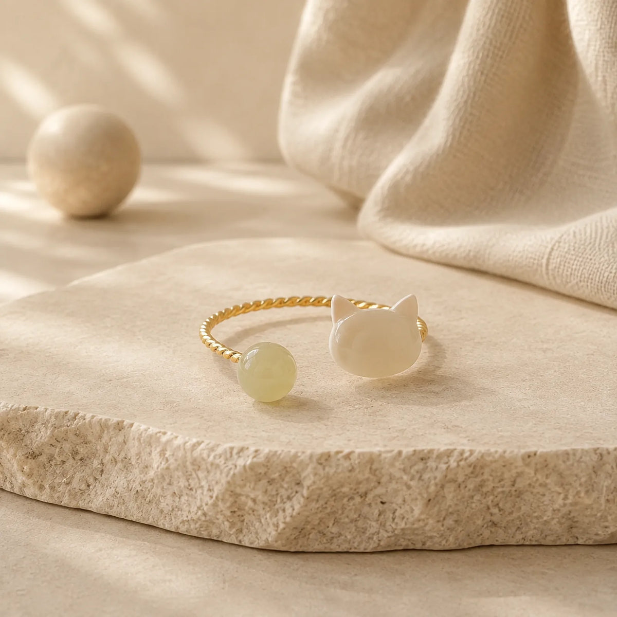 Tridacna Stone Cat Head Jade Bead Blessing Ring featuring Tridacna Stone, Jade
