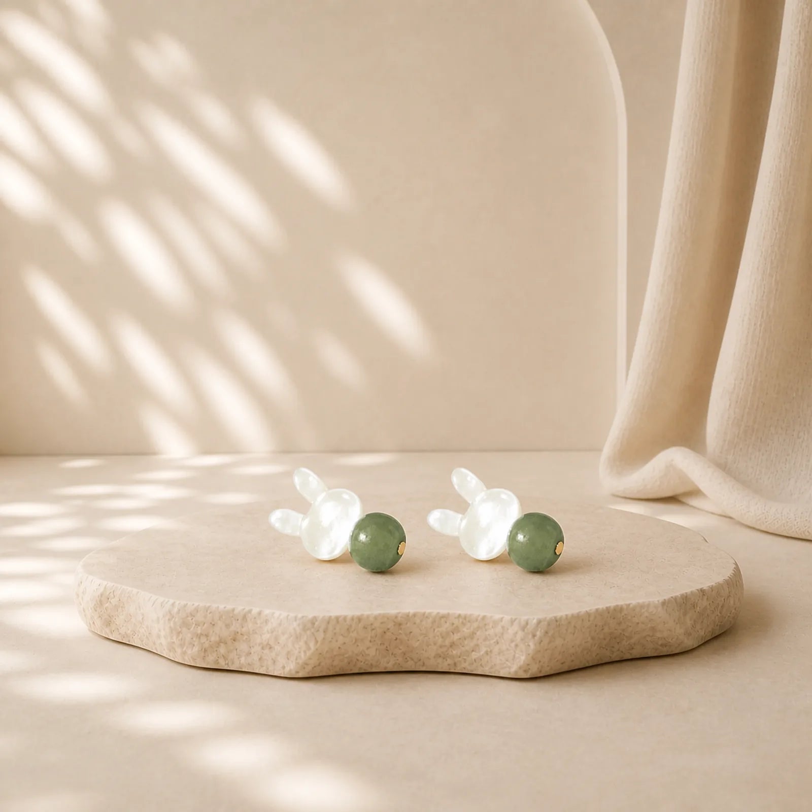 Tridacna Stone Cute Rabbit Hetian Jade Luck Earrings featuring Tridacna Stone, Jade, Copper