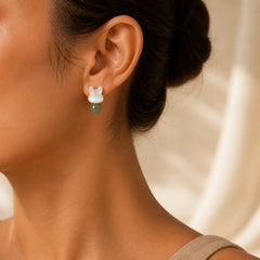 Tridacna Stone Cute Rabbit Hetian Jade Luck Earrings featuring Tridacna Stone, Jade, Copper