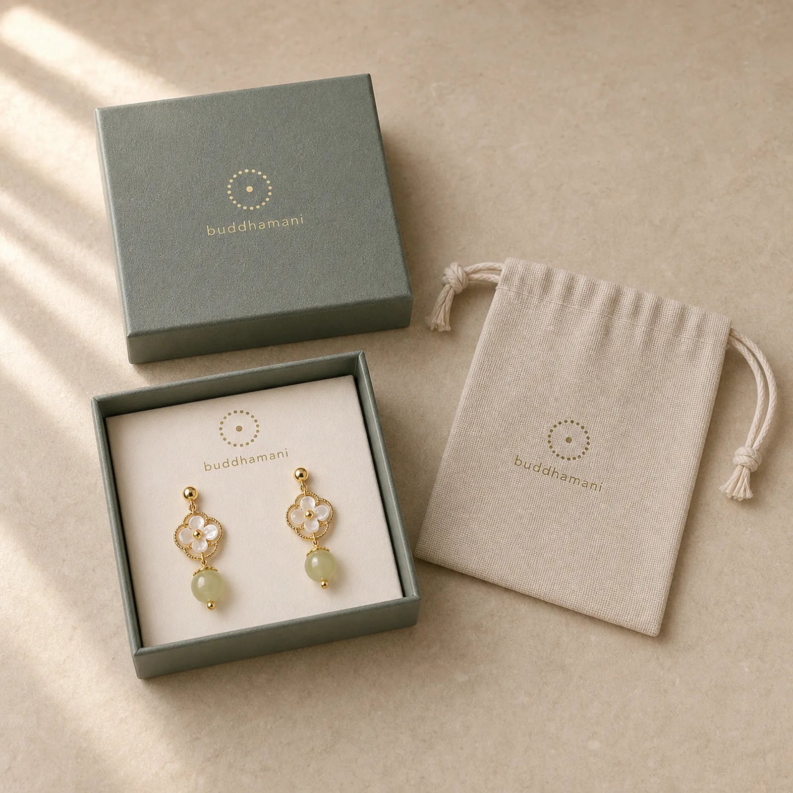 Tridacna Stone Flower Jade Bead Blessing Drop Earrings featuring Tridacna Stone, Jade, Copper