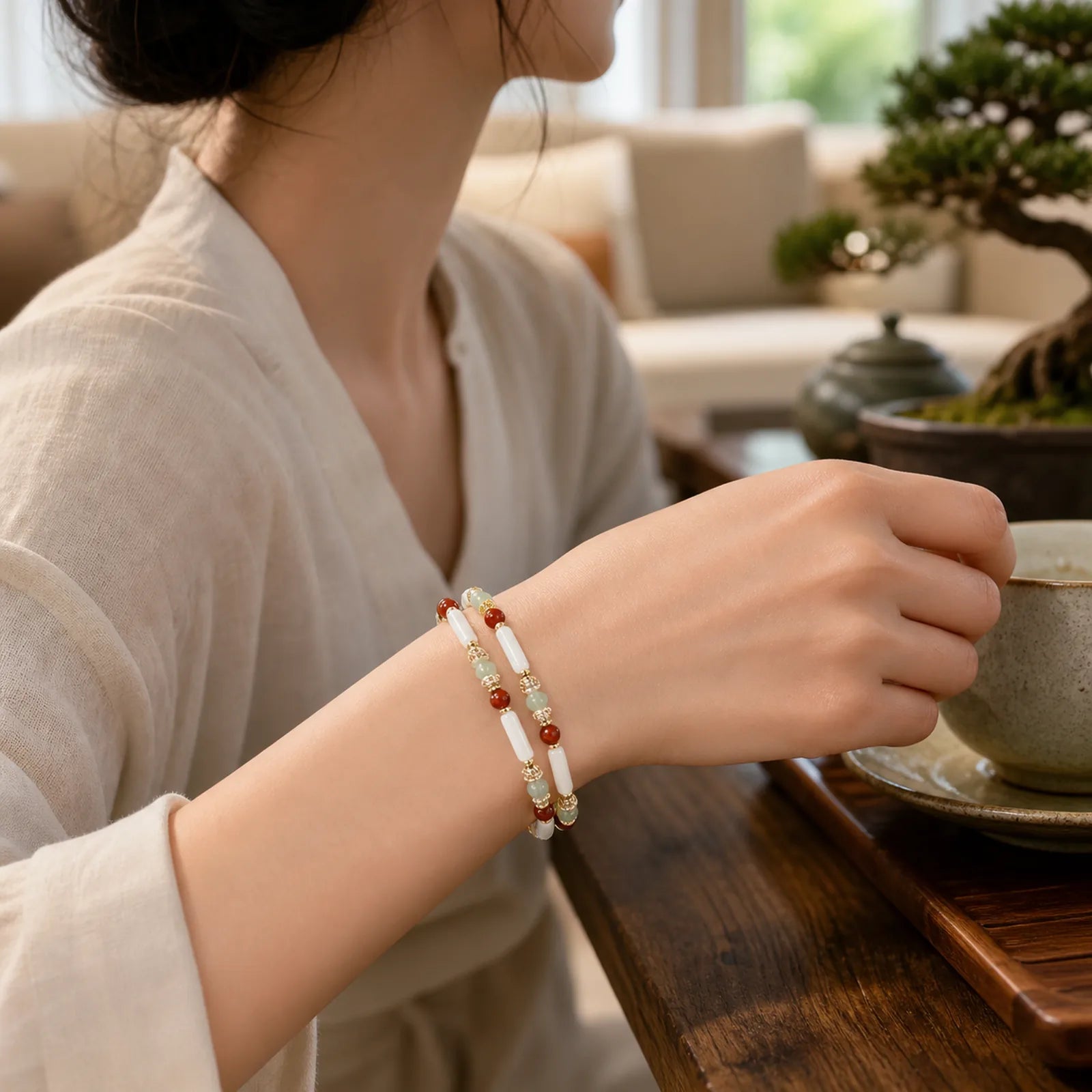 Tridacna Stone Red Agate Hetian Jade Blessing Bracelet featuring Tridacna Stone, Red Agate, Jade