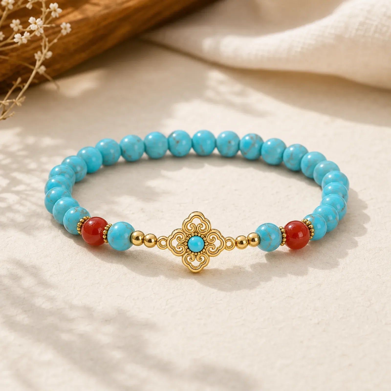Turquoise Bead Protection Balance Bracelet featuring Turquoise, Red Agate, Copper