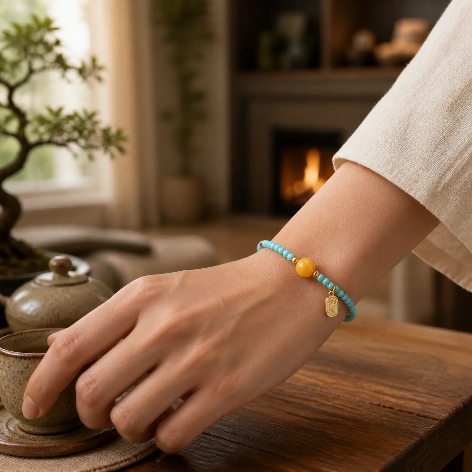 Turquoise Fu Character Luck Handcrafted Beaded Bracelet featuring Turquoise, Fu Character, Amber