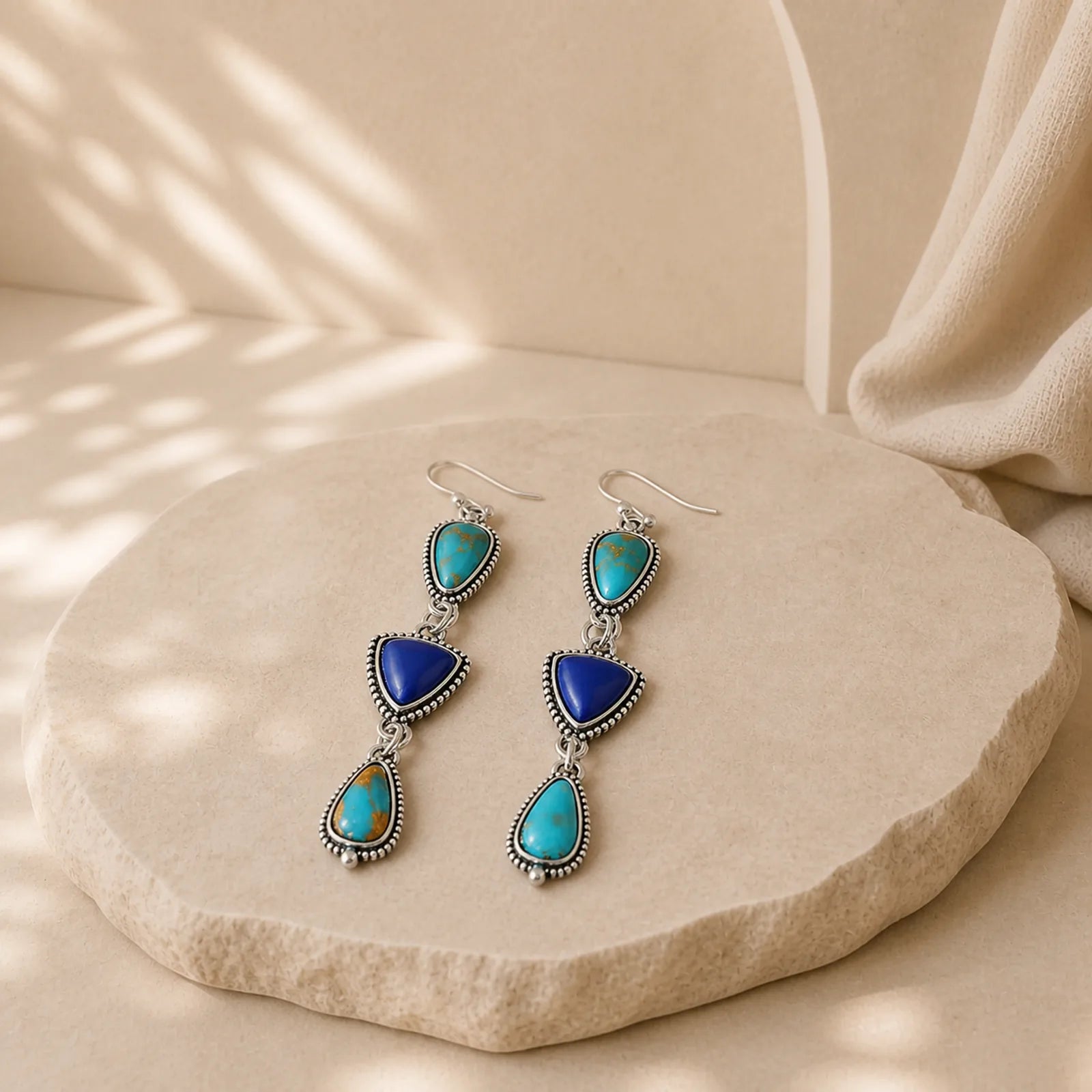 Turquoise Geometric Bohemian Protection Drop Earrings featuring Turquoise