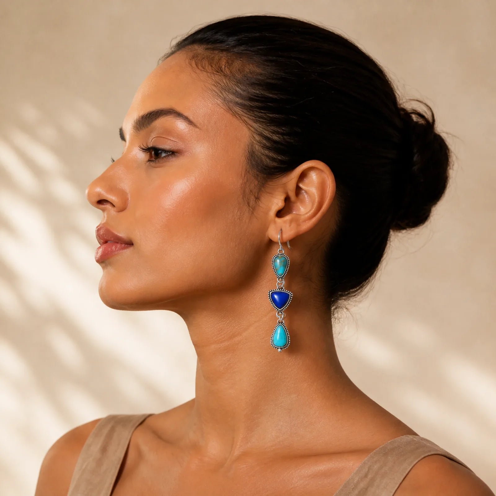 Turquoise Geometric Bohemian Protection Drop Earrings featuring Turquoise