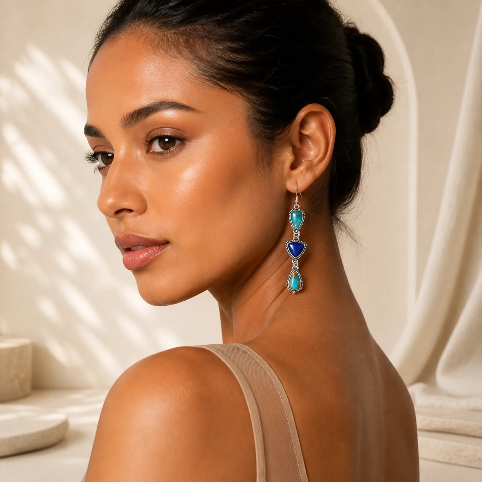 Turquoise Geometric Bohemian Protection Drop Earrings featuring Turquoise