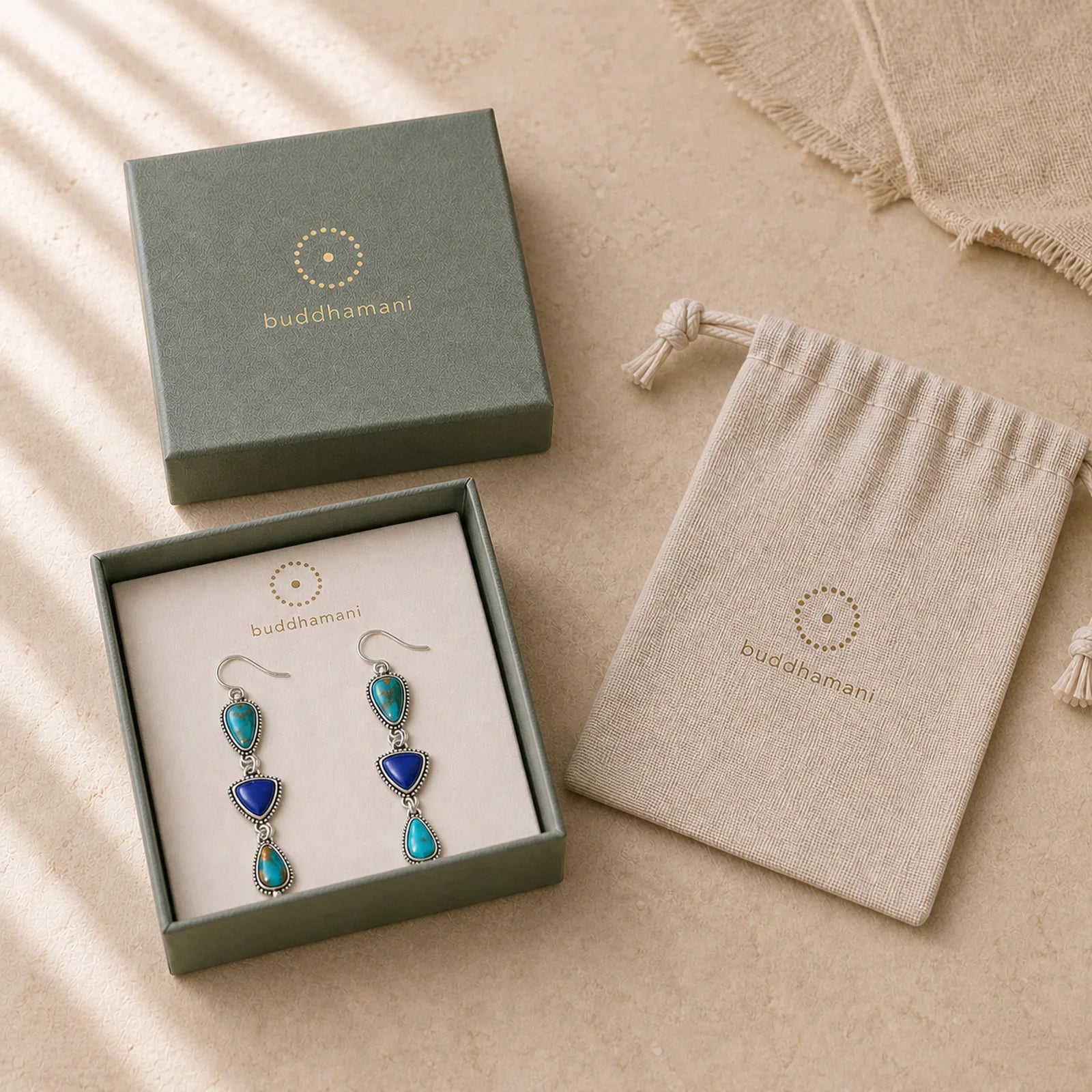 Turquoise Geometric Bohemian Protection Drop Earrings featuring Turquoise