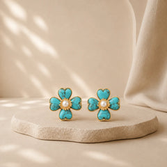 Turquoise Love Heart Flower Copper Healing Stud Earrings featuring Turquoise, Copper, Pearl