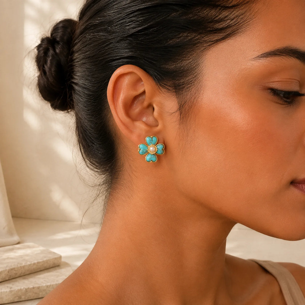 Turquoise Love Heart Flower Copper Healing Stud Earrings featuring Turquoise, Copper, Pearl