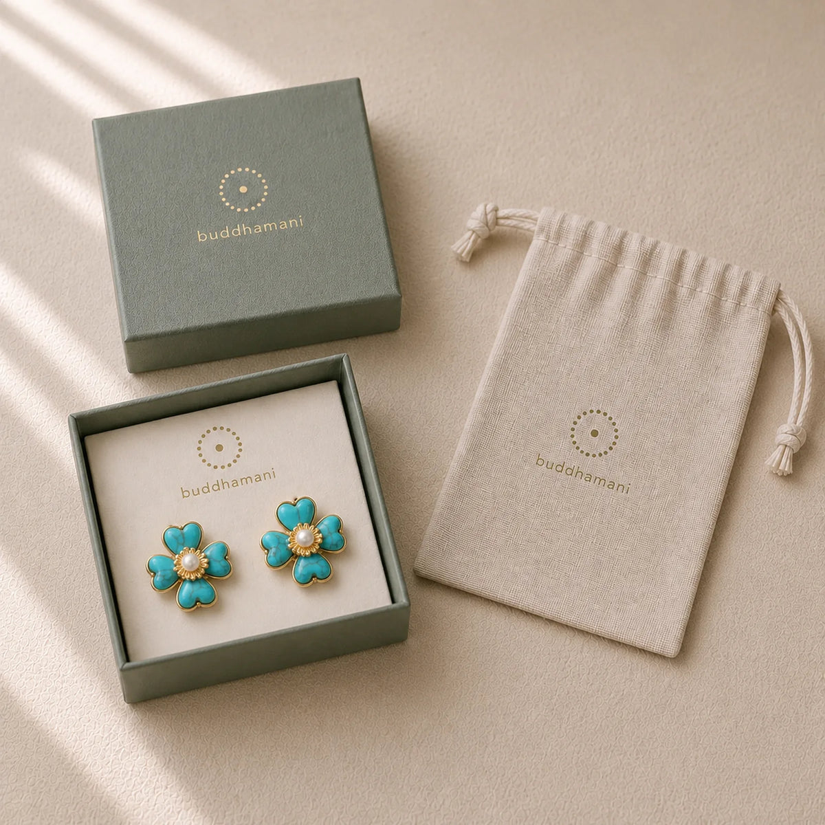 Turquoise Love Heart Flower Copper Healing Stud Earrings featuring Turquoise, Copper, Pearl