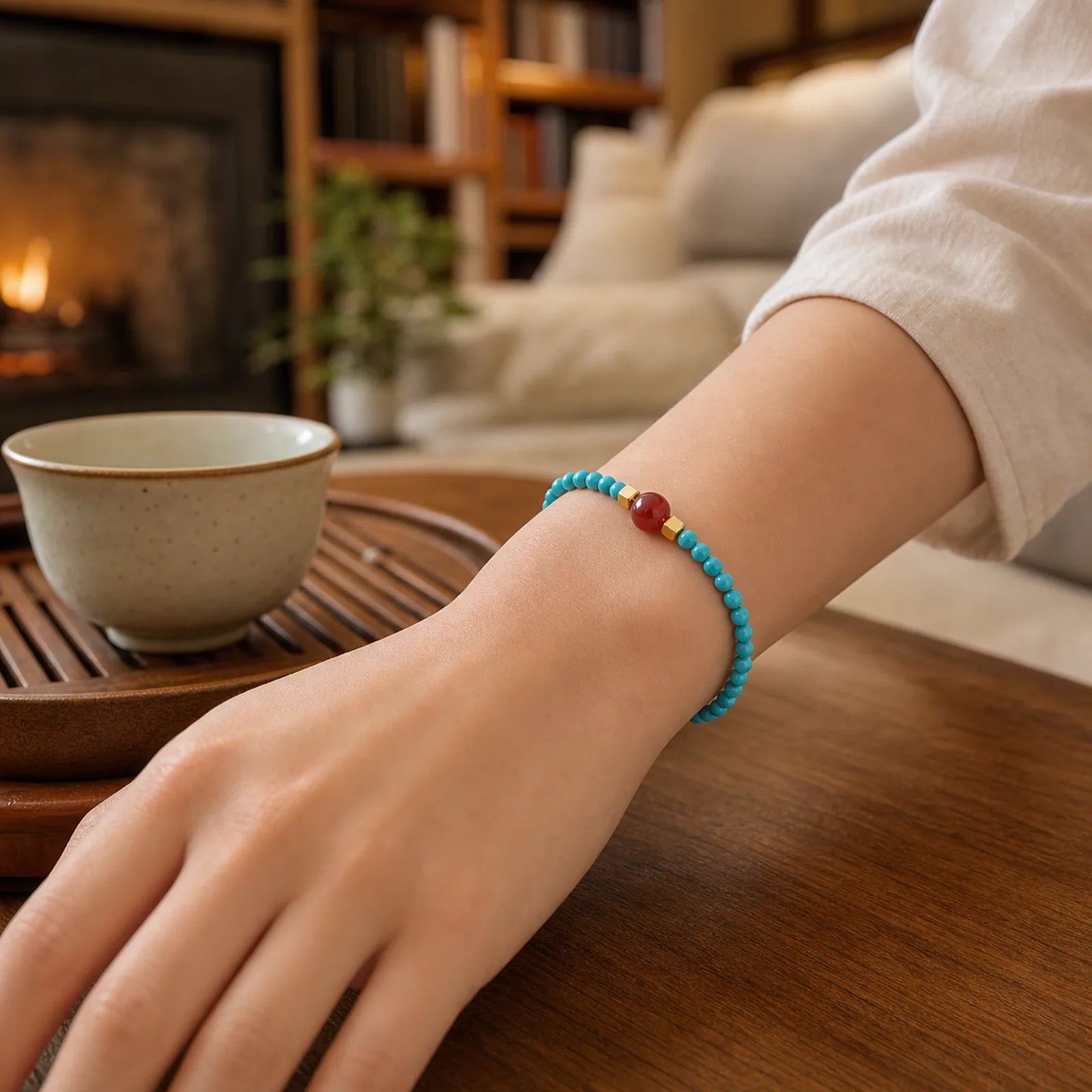 Turquoise Red Agate Beaded Protection Bracelet featuring Turquoise, Red Agate, Copper