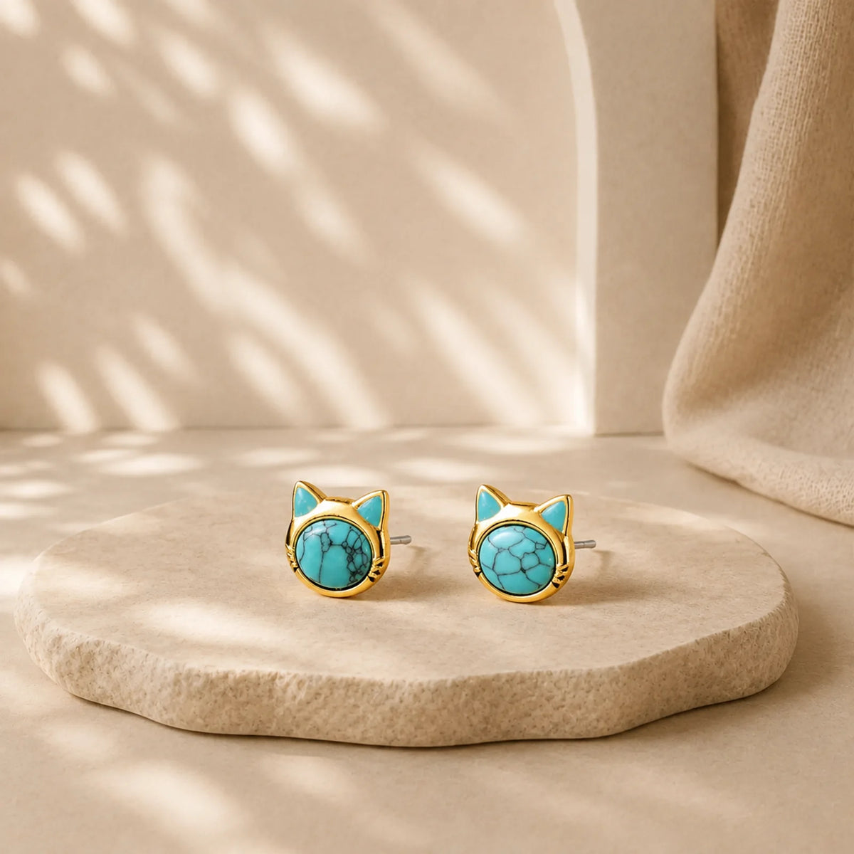 Turquoise Tiger Eye Cat Head Design Copper Protection Stud Earrings featuring Turquoise, Tiger Eye, Copper