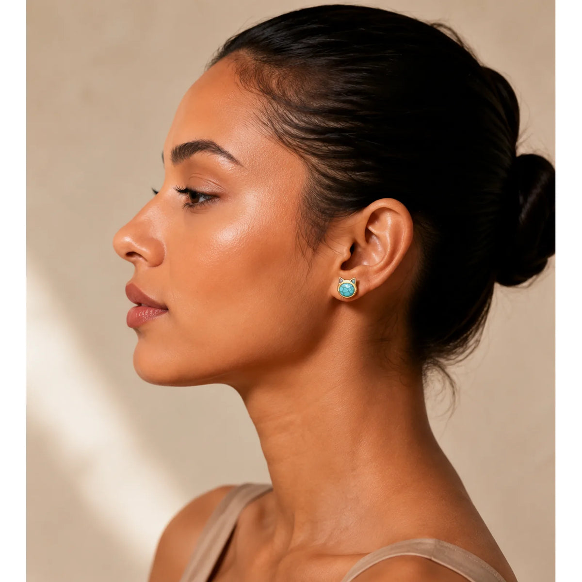 Turquoise Tiger Eye Cat Head Design Copper Protection Stud Earrings featuring Turquoise, Tiger Eye, Copper