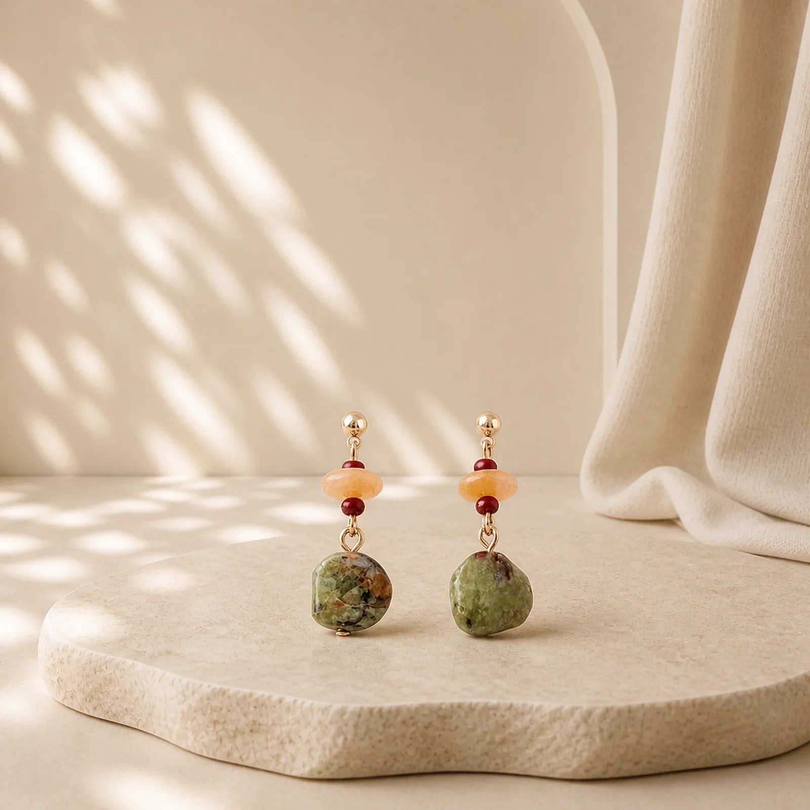 Unakite Chalcedony Balance Teardrop Drop Earrings featuring Unakite, Chalcedony, Copper