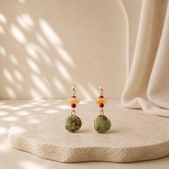 Unakite Chalcedony Balance Teardrop Drop Earrings featuring Unakite, Chalcedony, Copper