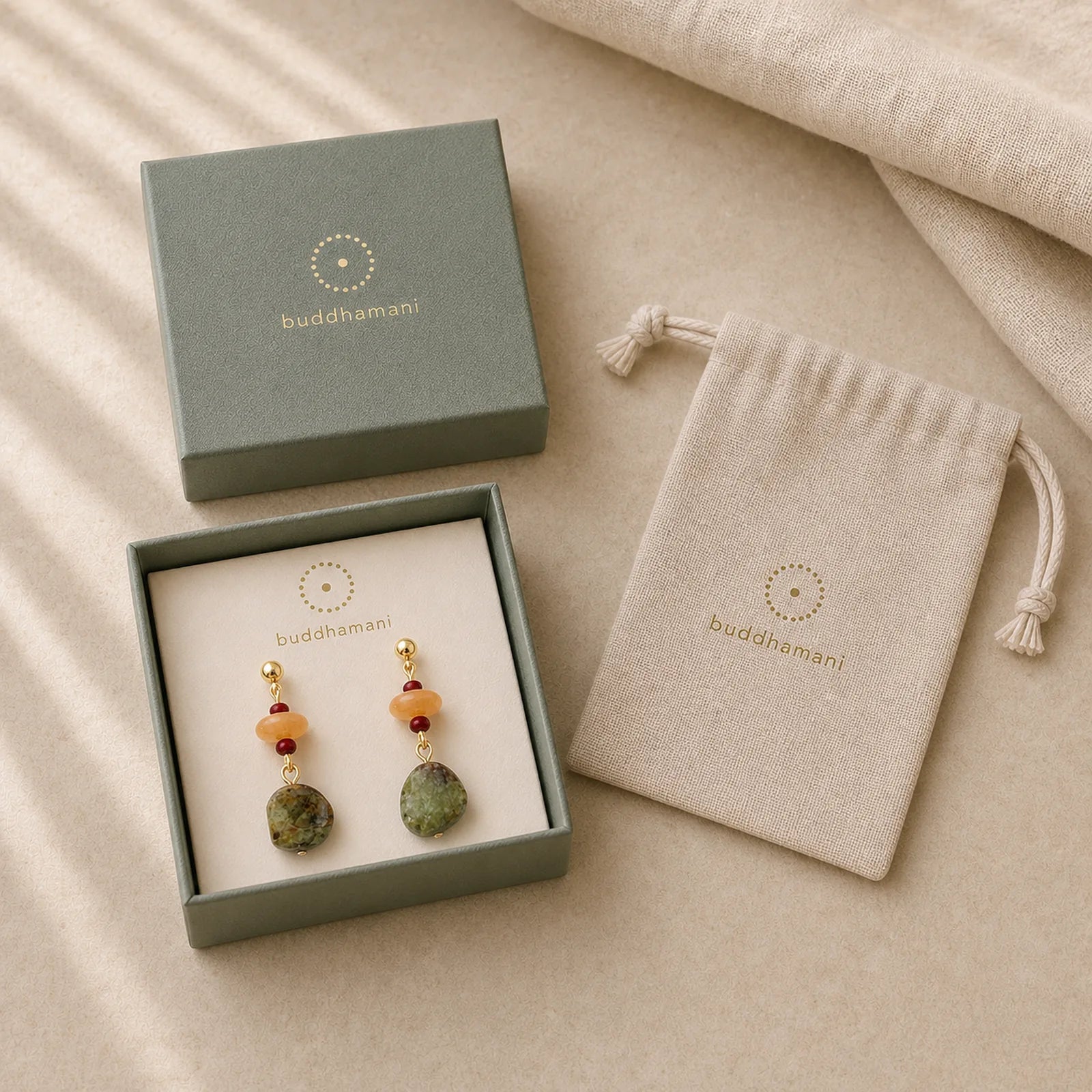Unakite Chalcedony Balance Teardrop Drop Earrings featuring Unakite, Chalcedony, Copper