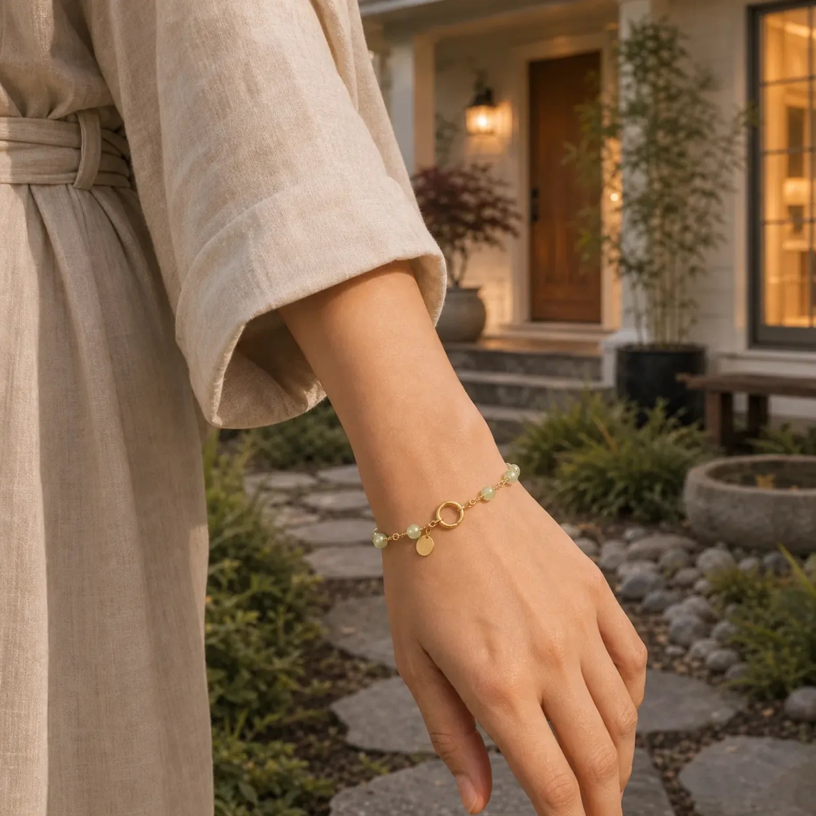 Unique Natural Hetian Jade 14K Gold filled Luck Beaded Bracelet featuring Jade