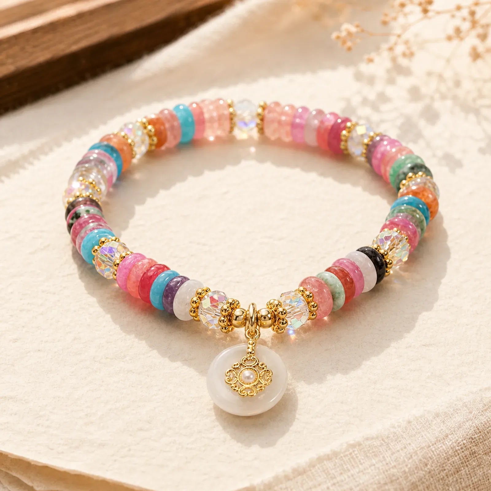 Various Crystal Peace Buckle Auspicious Bracelet featuring Peace Buckle, Strawberry Quartz, Copper