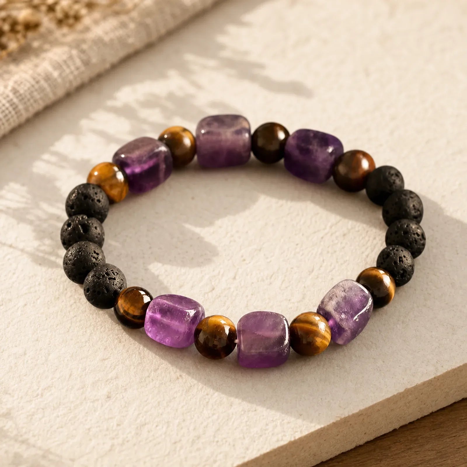 Various Crystals Cube Amethyst Lava Rock Support Bracelet featuring Amethyst, Lava Rock, Tiger Eye