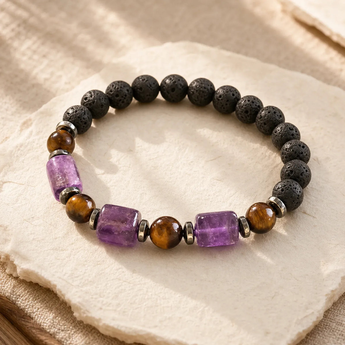 Various Crystals Lava Rock Calm Bracelet featuring Lava Rock, Amethyst, Tiger Eye