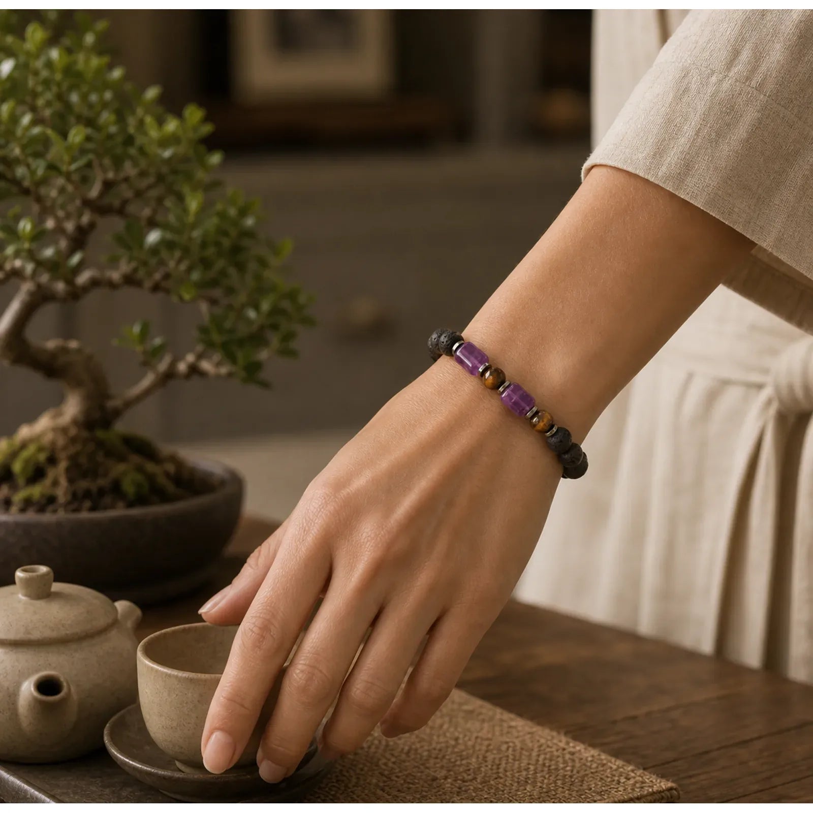 Various Crystals Lava Rock Calm Bracelet featuring Lava Rock, Amethyst, Tiger Eye