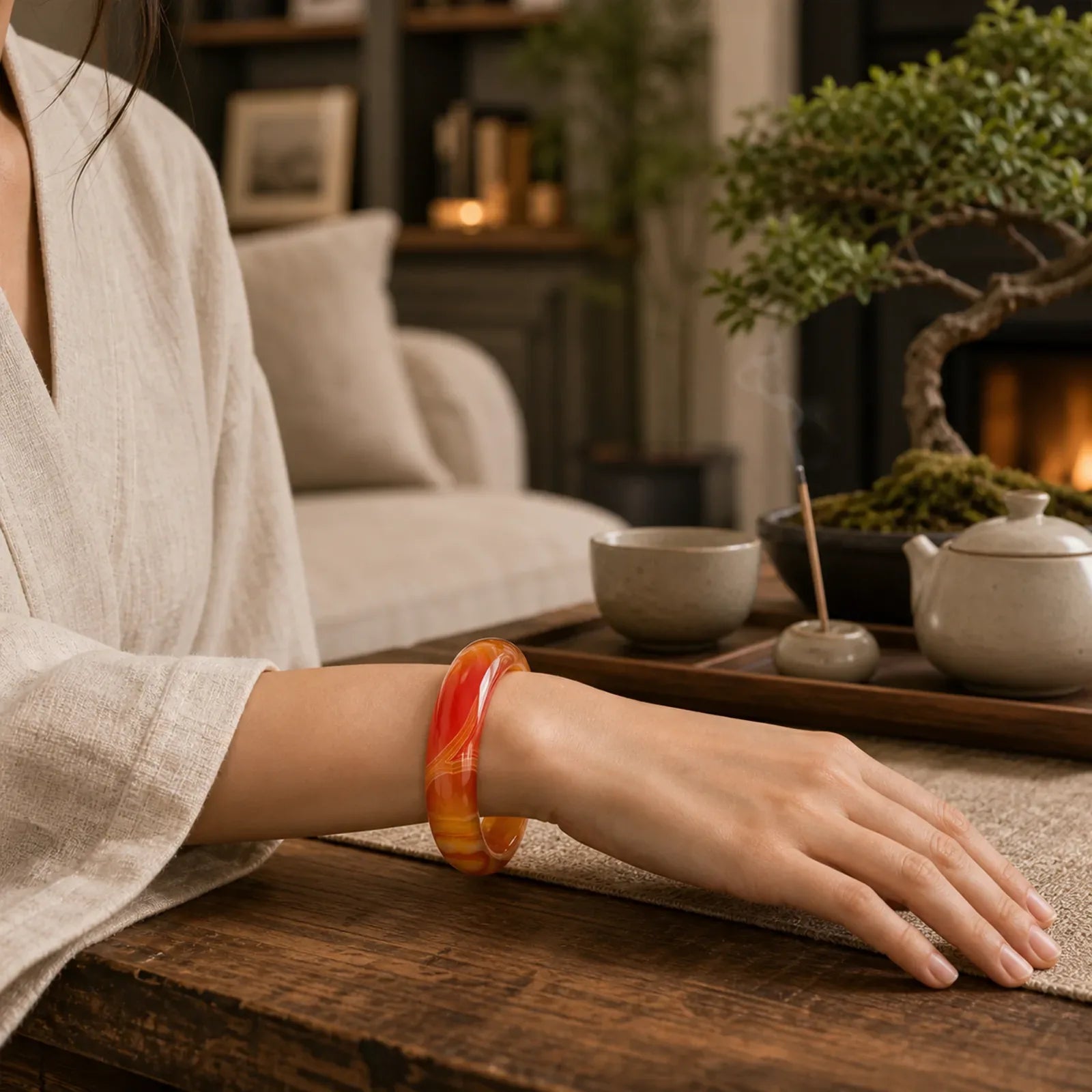 Veined Pattern Red Agate Calm Cuff Bangle Bracelet featuring Red Agate