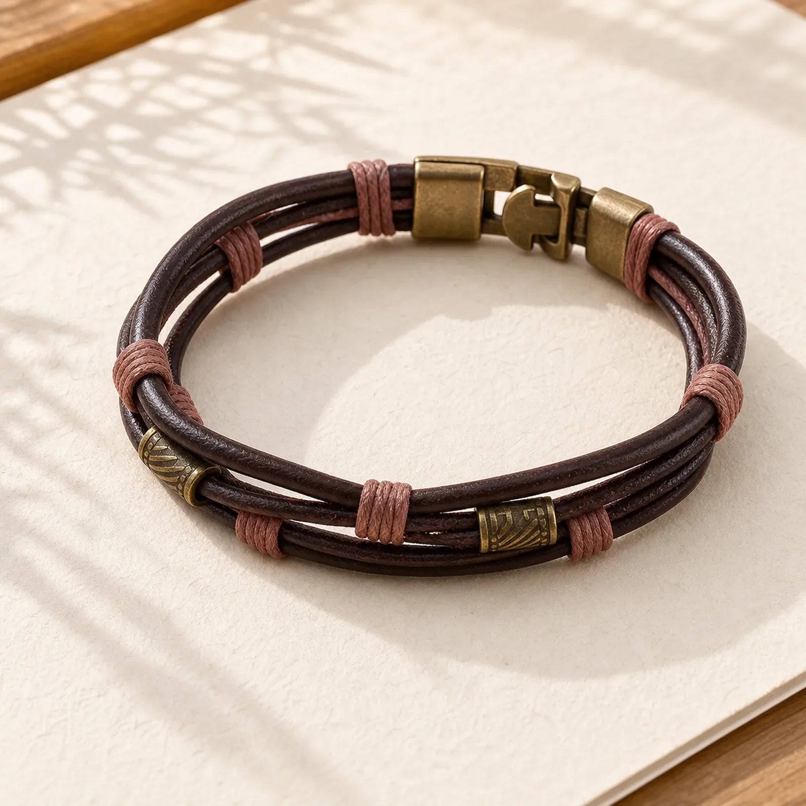 Vintage Leather Wrist Band Brown Rope Layered Bracelet Bangle featuring Copper