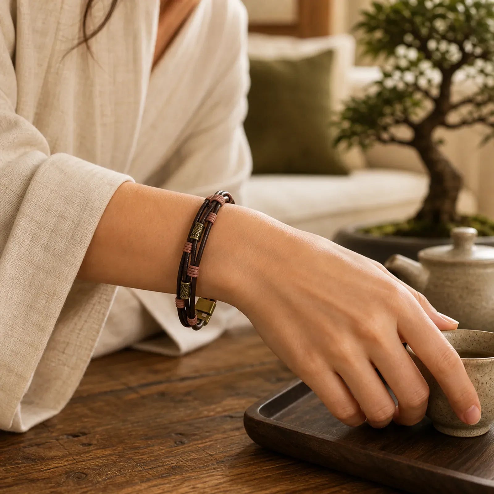 Vintage Leather Wrist Band Brown Rope Layered Bracelet Bangle featuring Copper
