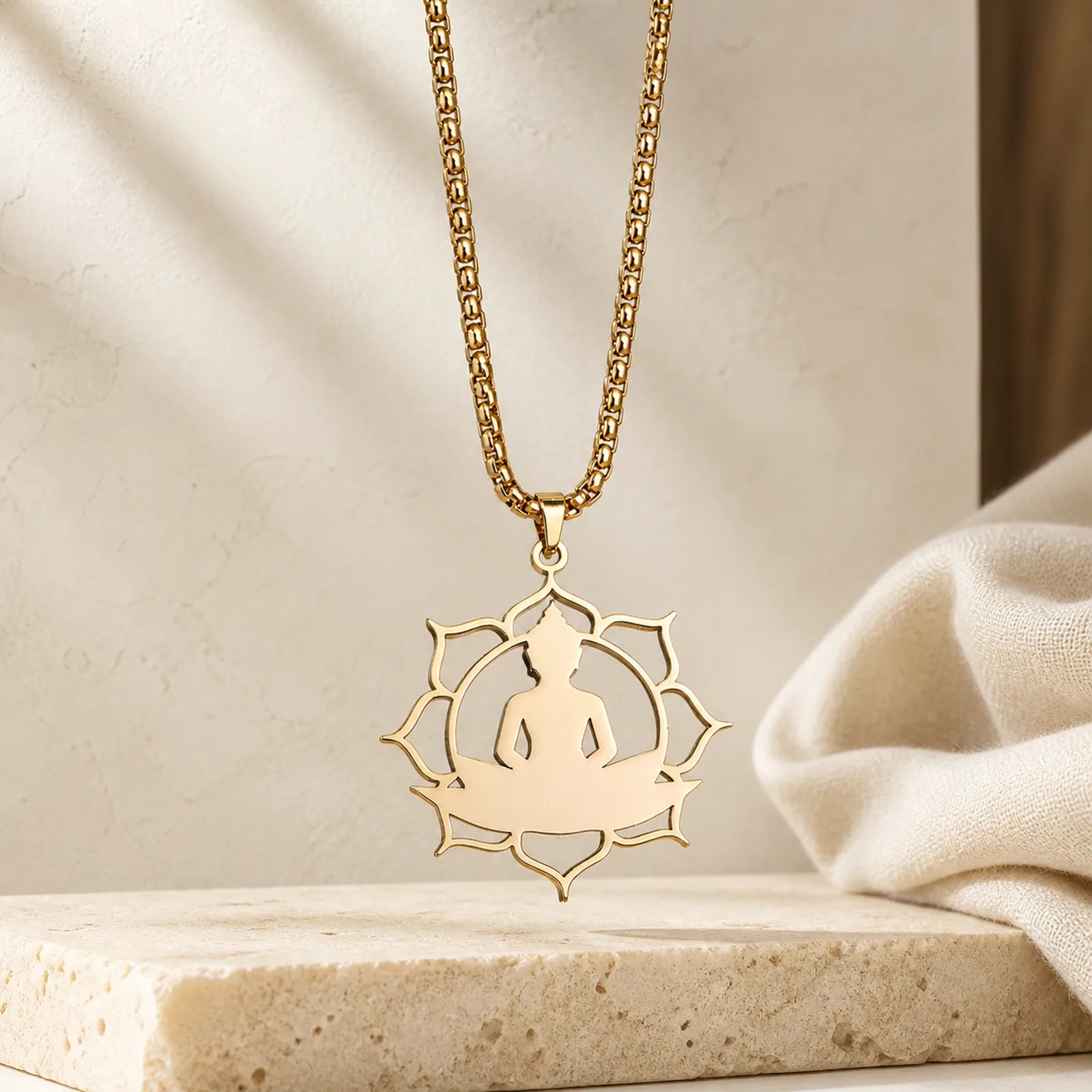 Vintage Lotus Sitting Buddha Design Stainless Steel Enlightenment Necklace Pendant featuring Lotus, Lotus Symbol, Buddha Symbol