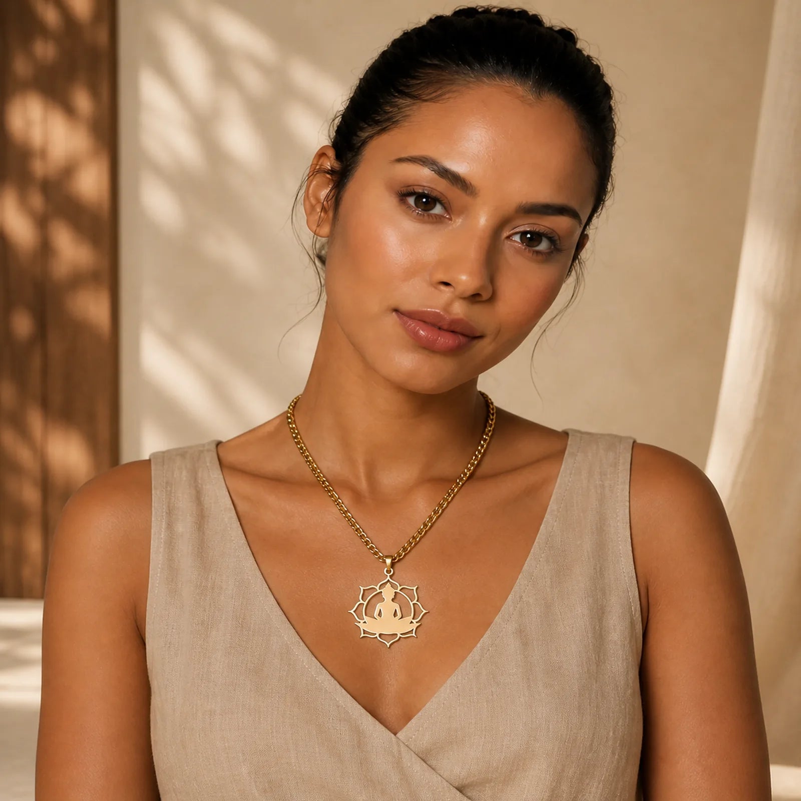 Vintage Lotus Sitting Buddha Design Stainless Steel Enlightenment Necklace Pendant featuring Lotus, Lotus Symbol, Buddha Symbol