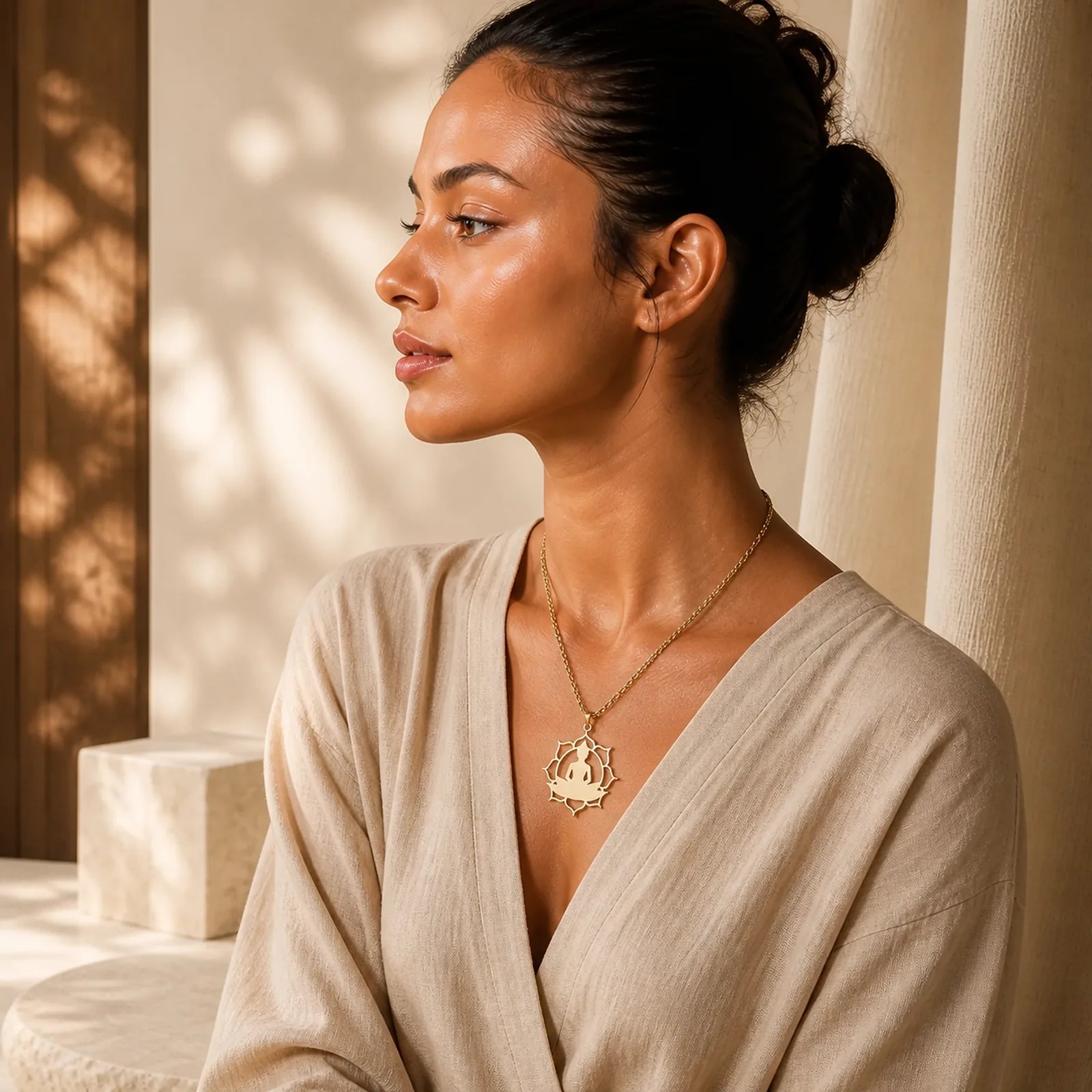 Vintage Lotus Sitting Buddha Design Stainless Steel Enlightenment Necklace Pendant featuring Lotus, Lotus Symbol, Buddha Symbol