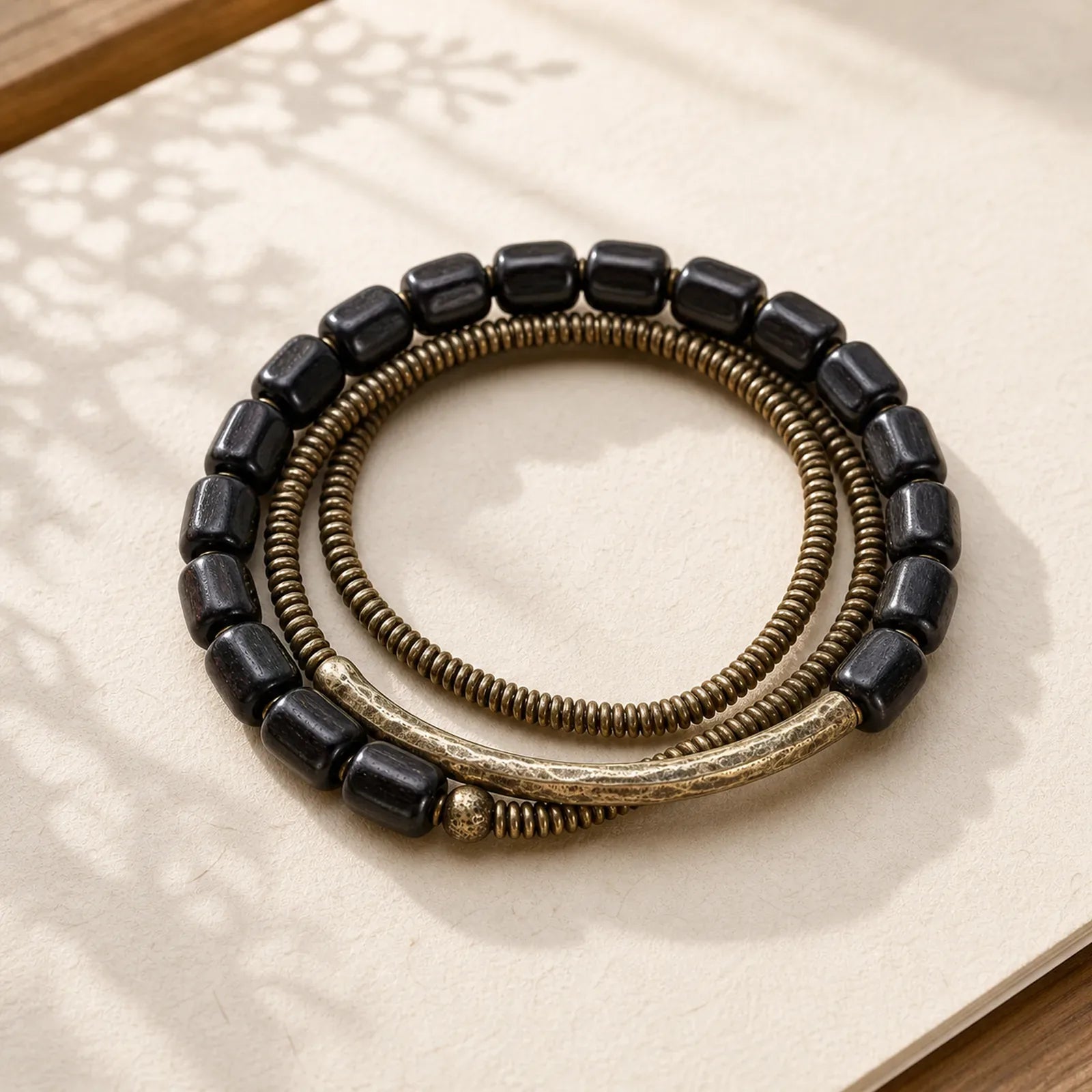 Vintage Peace Tibetan Ebony Wood Beads Copper Multilayered Healing Bracelet featuring Ebony Wood, Ebony, Copper