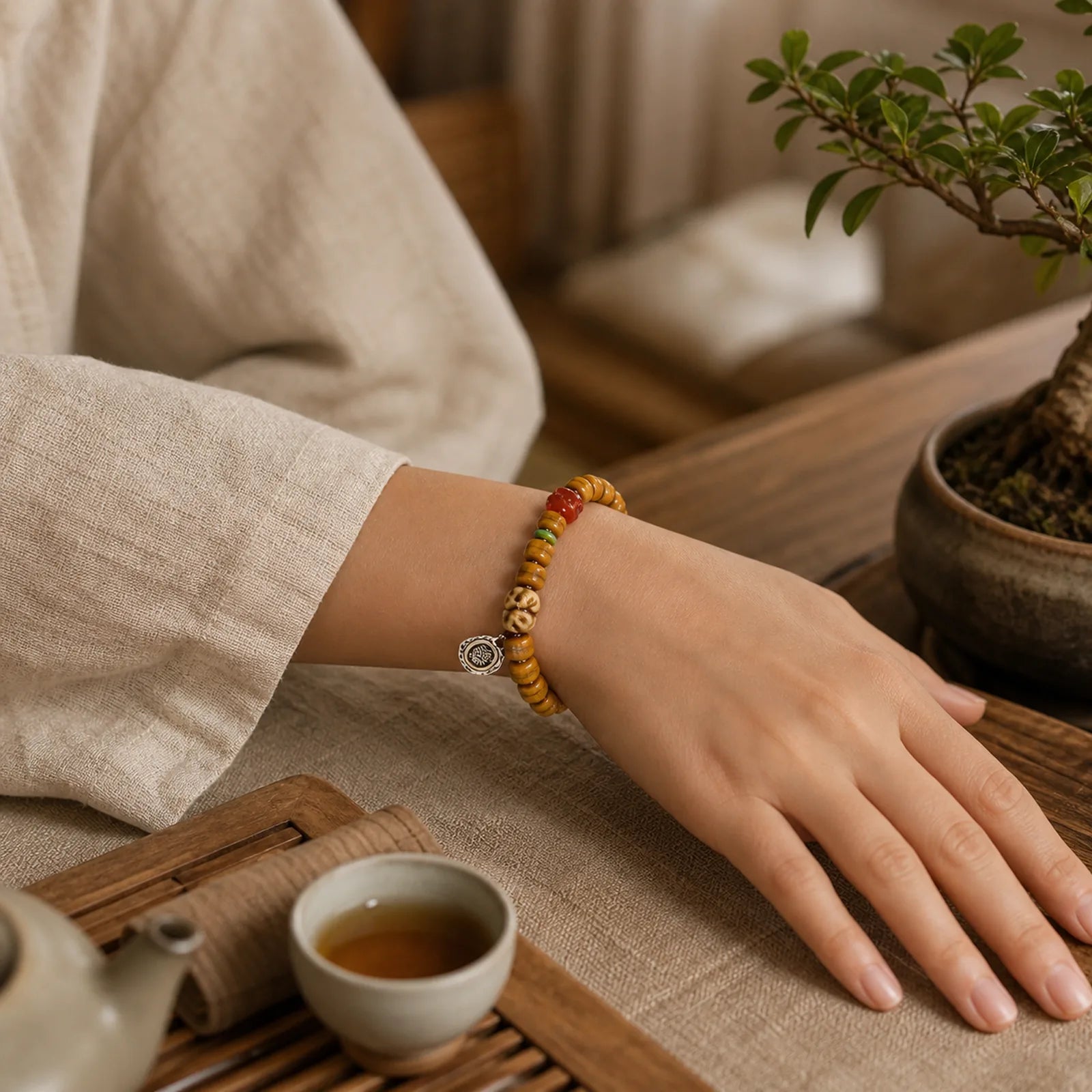 Vintage Tibetan Bone Beads Dzi Bead Cute Fox Balance Bracelet featuring Dzi Bead, Nine-Eye Dzi Bead, Copper