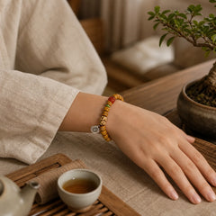 Vintage Tibetan Bone Beads Dzi Bead Cute Fox Balance Bracelet featuring Dzi Bead, Nine-Eye Dzi Bead, Copper