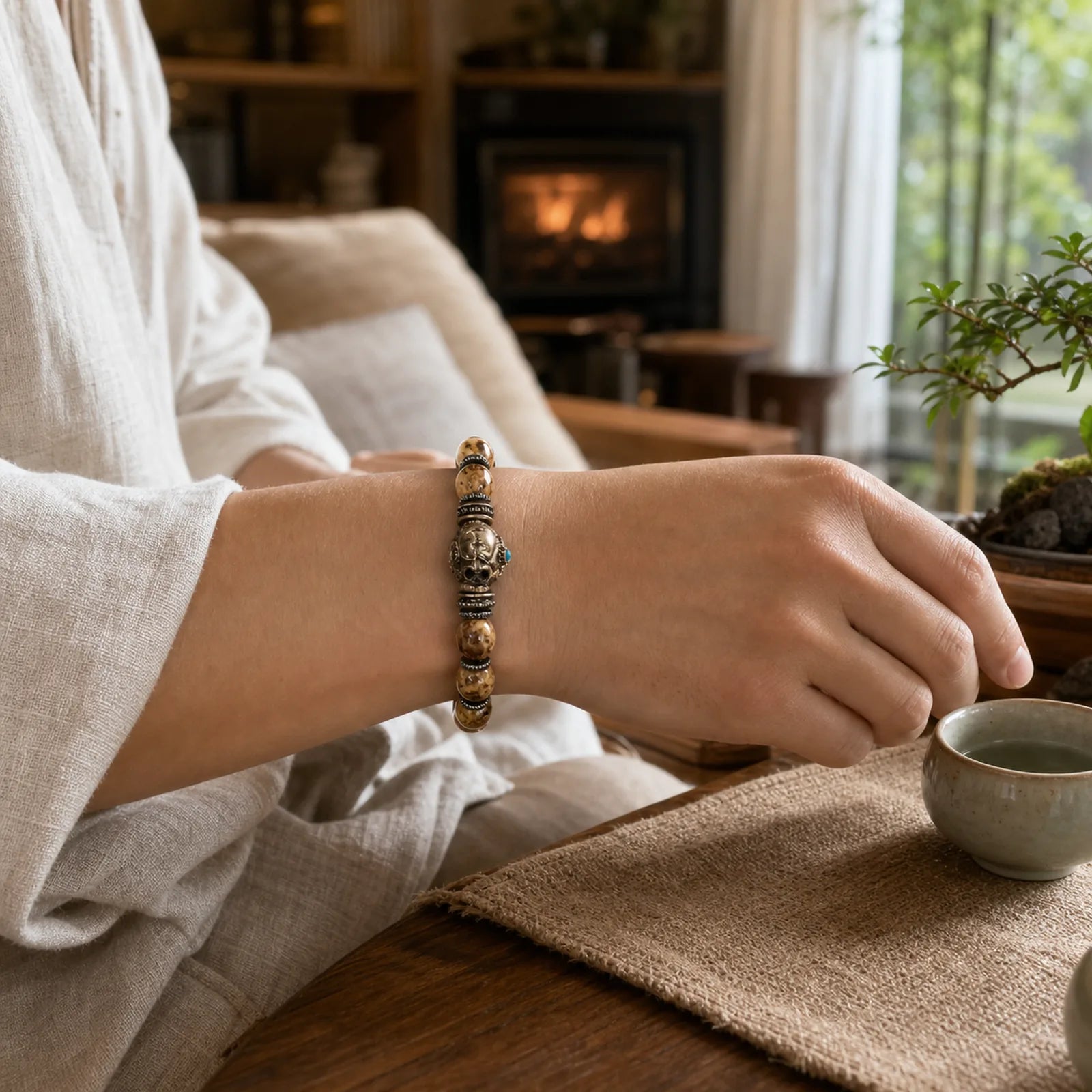 Vintage Tibetan Bone Beads Skull Balance Bracelet featuring Copper