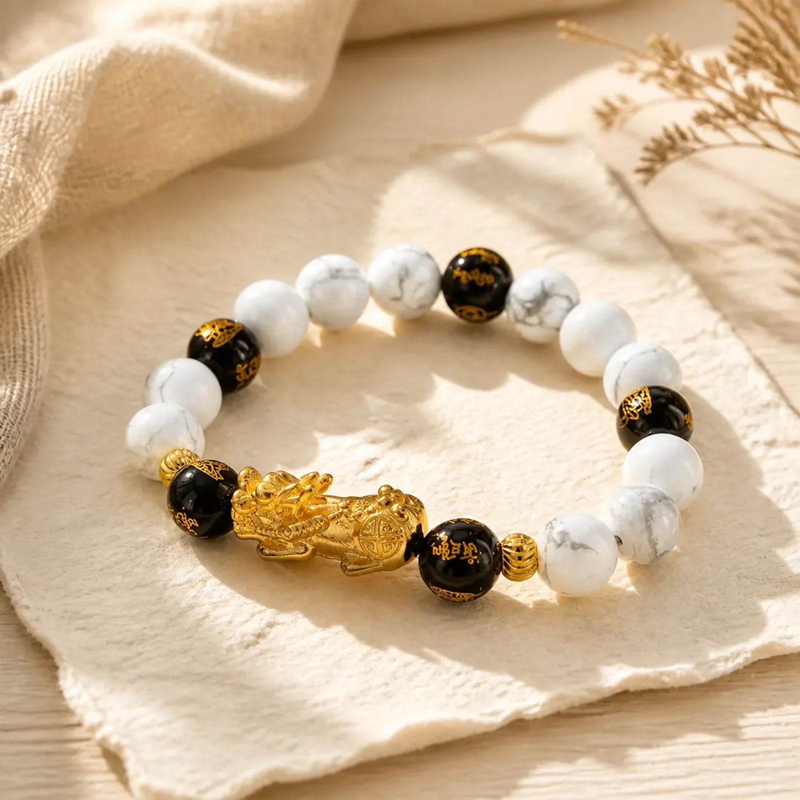 Vintage White Turquoise Black Onyx Pixiu Beads Blessing Bracelet featuring White Turquoise, Turquoise, Black Onyx