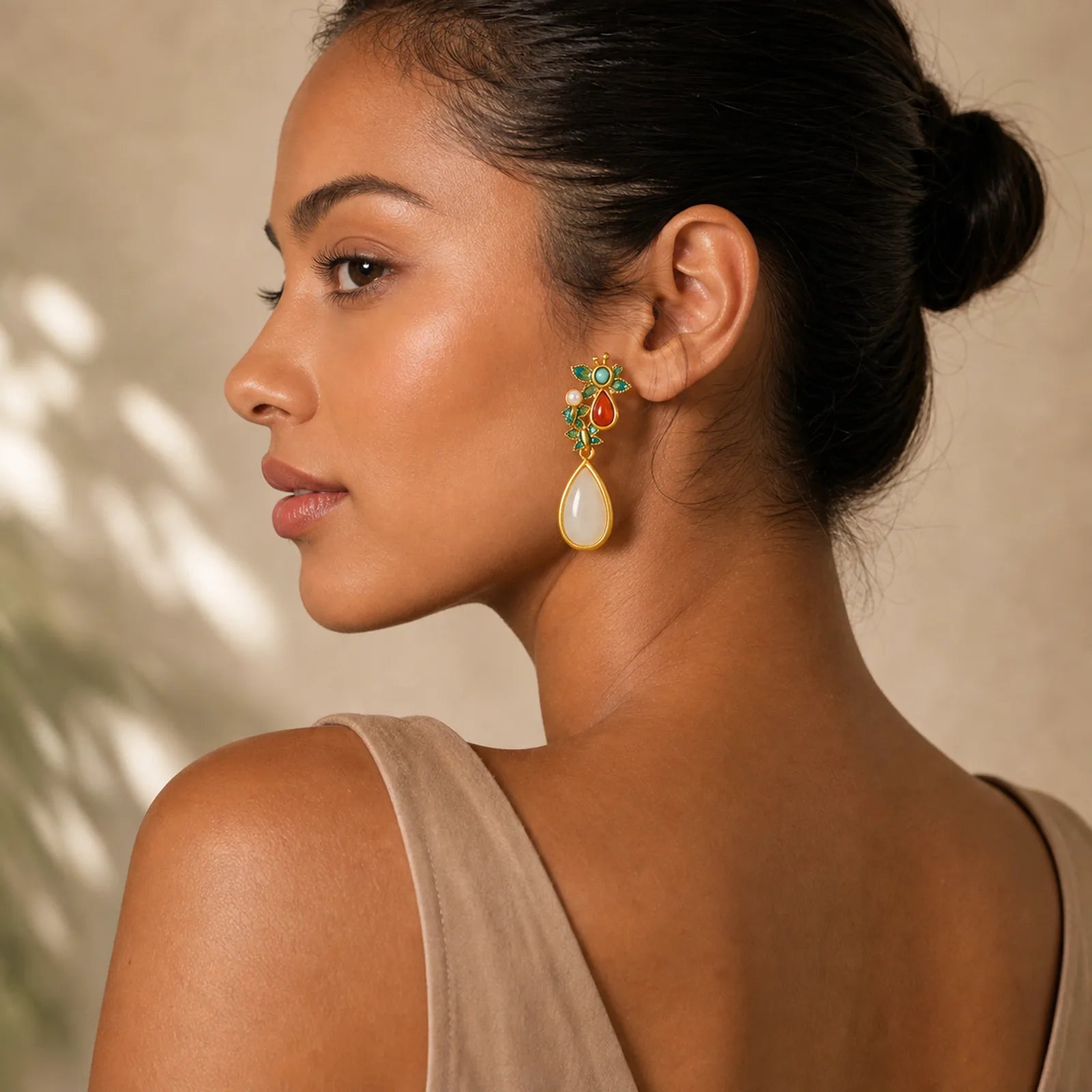 Water Drop White Jade Red Agate Butterfly Protection Drop Dangle Earrings featuring White Jade, Jade, Red Agate