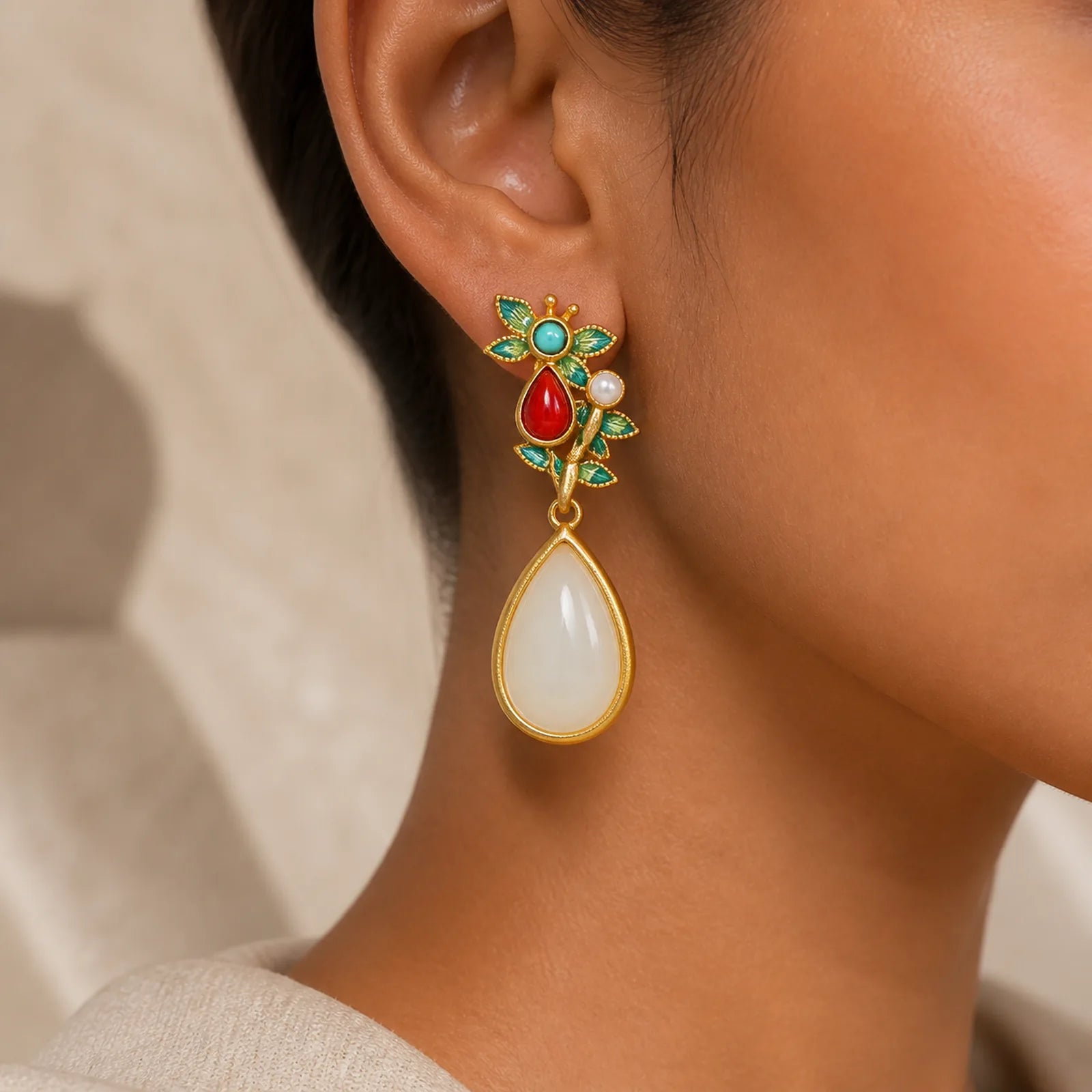 Water Drop White Jade Red Agate Butterfly Protection Drop Dangle Earrings featuring White Jade, Jade, Red Agate