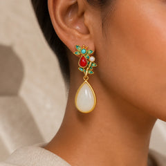 Water Drop White Jade Red Agate Butterfly Protection Drop Dangle Earrings featuring White Jade, Jade, Red Agate
