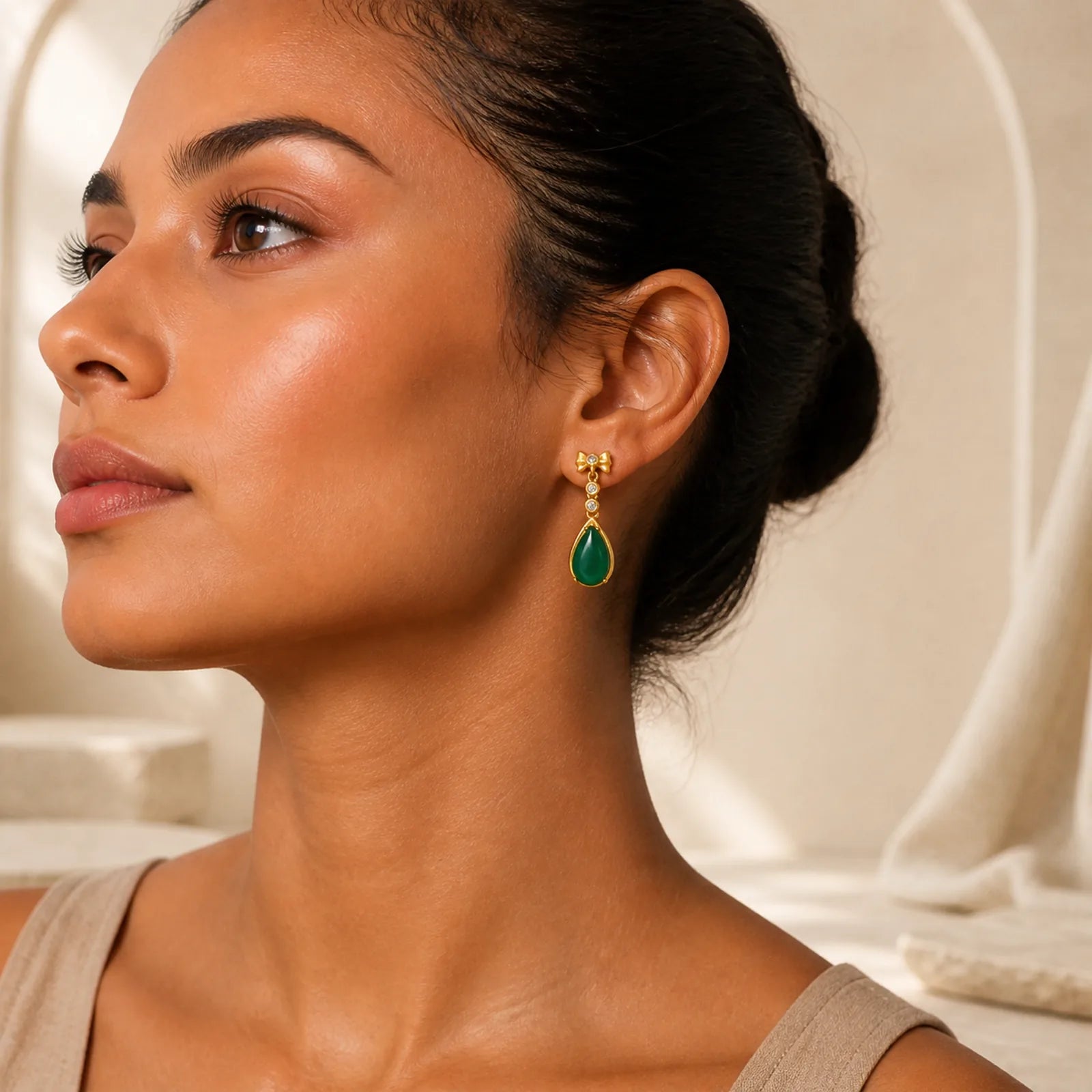 Waterdrop Design Green Jasper Copper Plated Gold Balance Earrings featuring Green Jasper, Copper, Silver