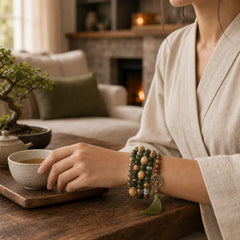 Wenge Wood Layered Tree Tassel Healing Bracelet featuring Wenge Wood, White Turquoise, Turquoise