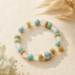 White Agate Amazonite Ceramic Barrel Bead Flower Pendant Purity Round Bead Bracelet featuring White Agate, Amazonite, White Stone