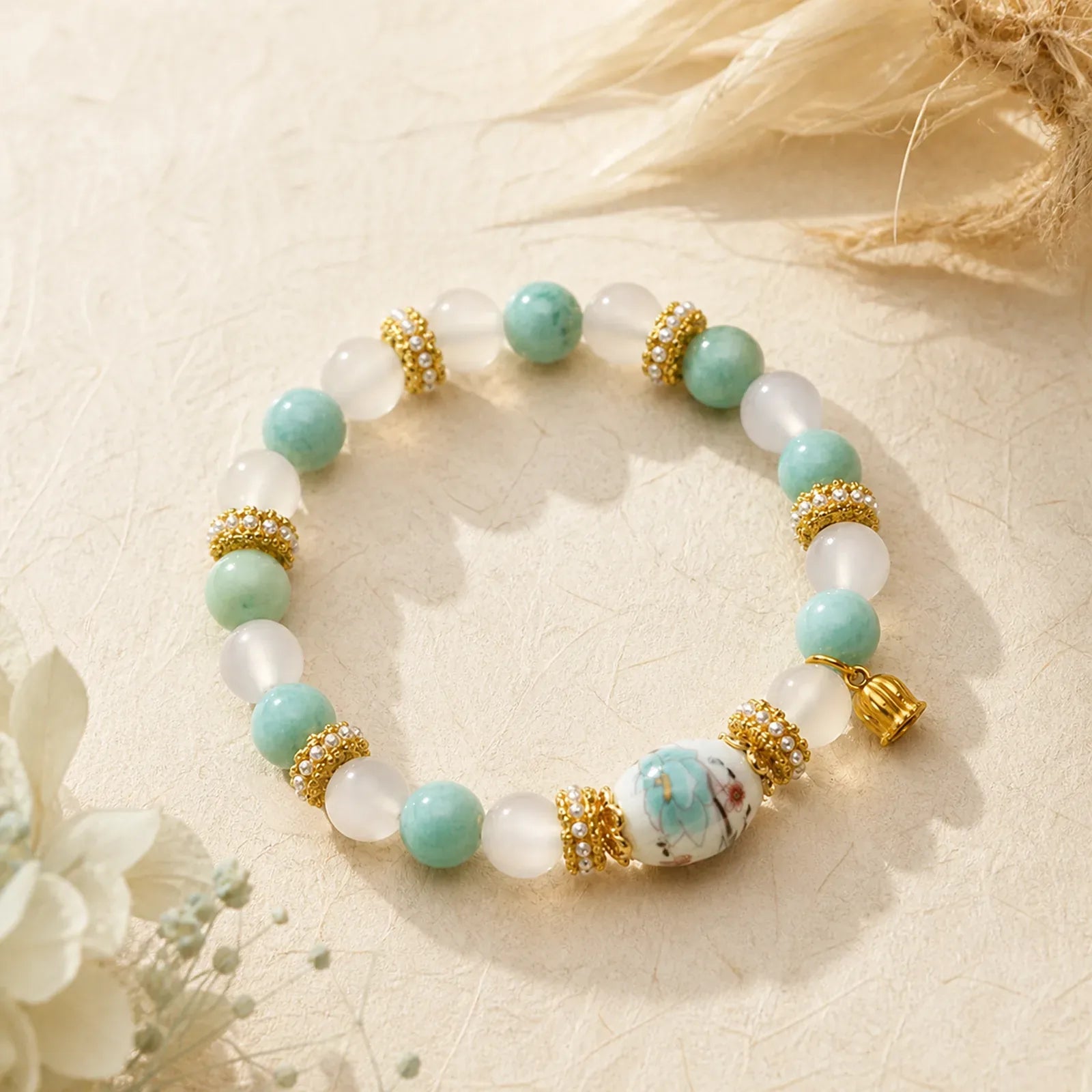 White Agate Amazonite Ceramic Barrel Bead Flower Pendant Purity Round Bead Bracelet featuring White Agate, Amazonite, White Stone