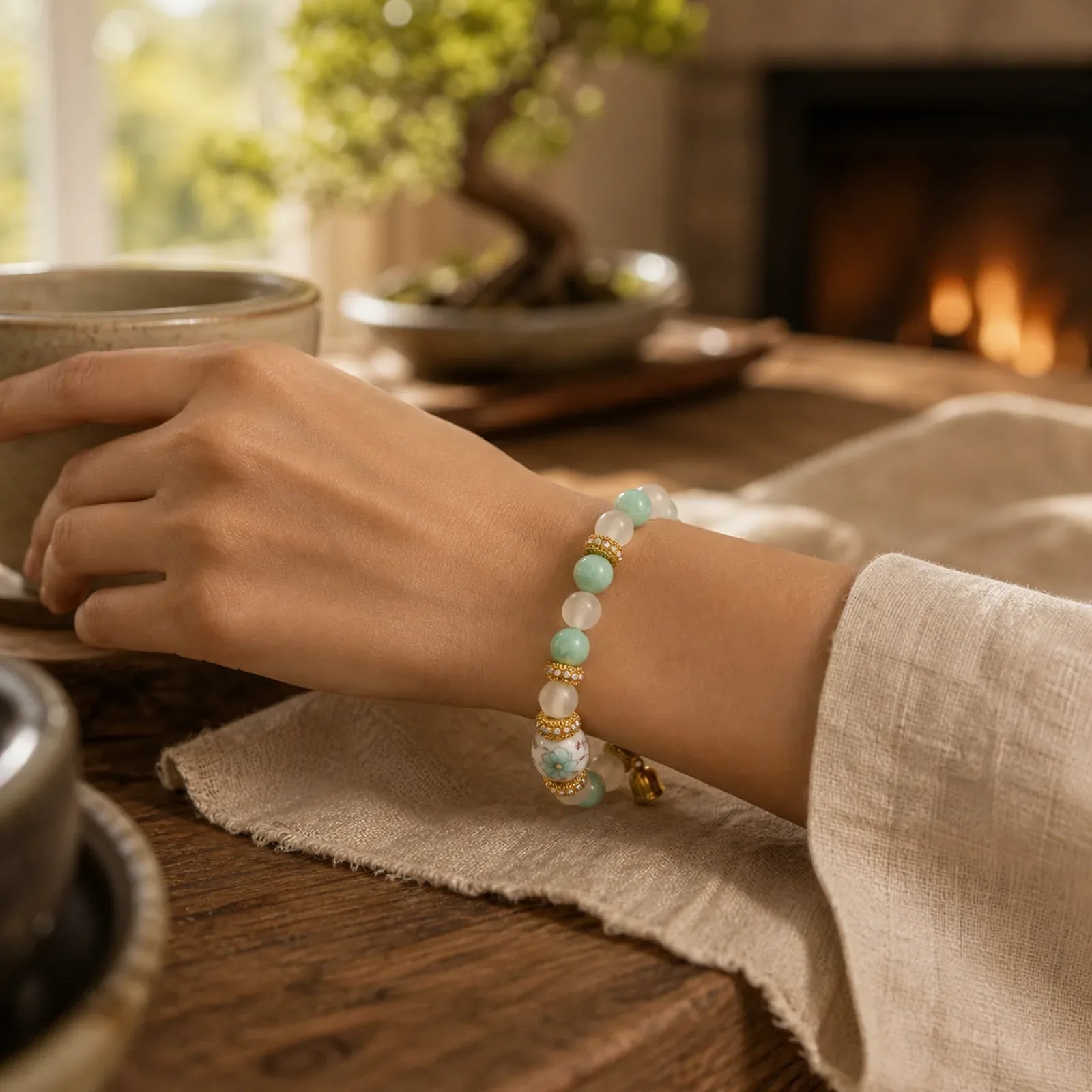 White Agate Amazonite Ceramic Barrel Bead Flower Pendant Purity Round Bead Bracelet featuring White Agate, Amazonite, White Stone