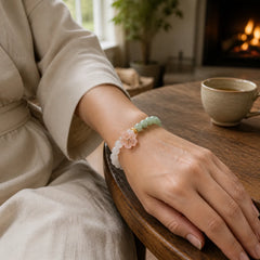 White Agate Jade Flower Charm Luck Protection Bracelet featuring White Agate, Jade, White Stone