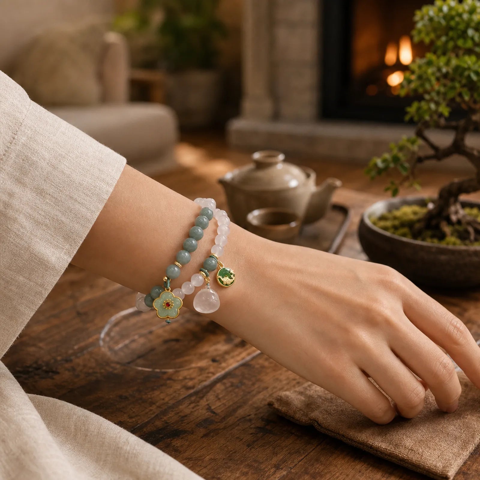 White Agate Jade Lotus Flower Peace Buckle Protection Bracelet featuring White Agate, Jade, Lotus