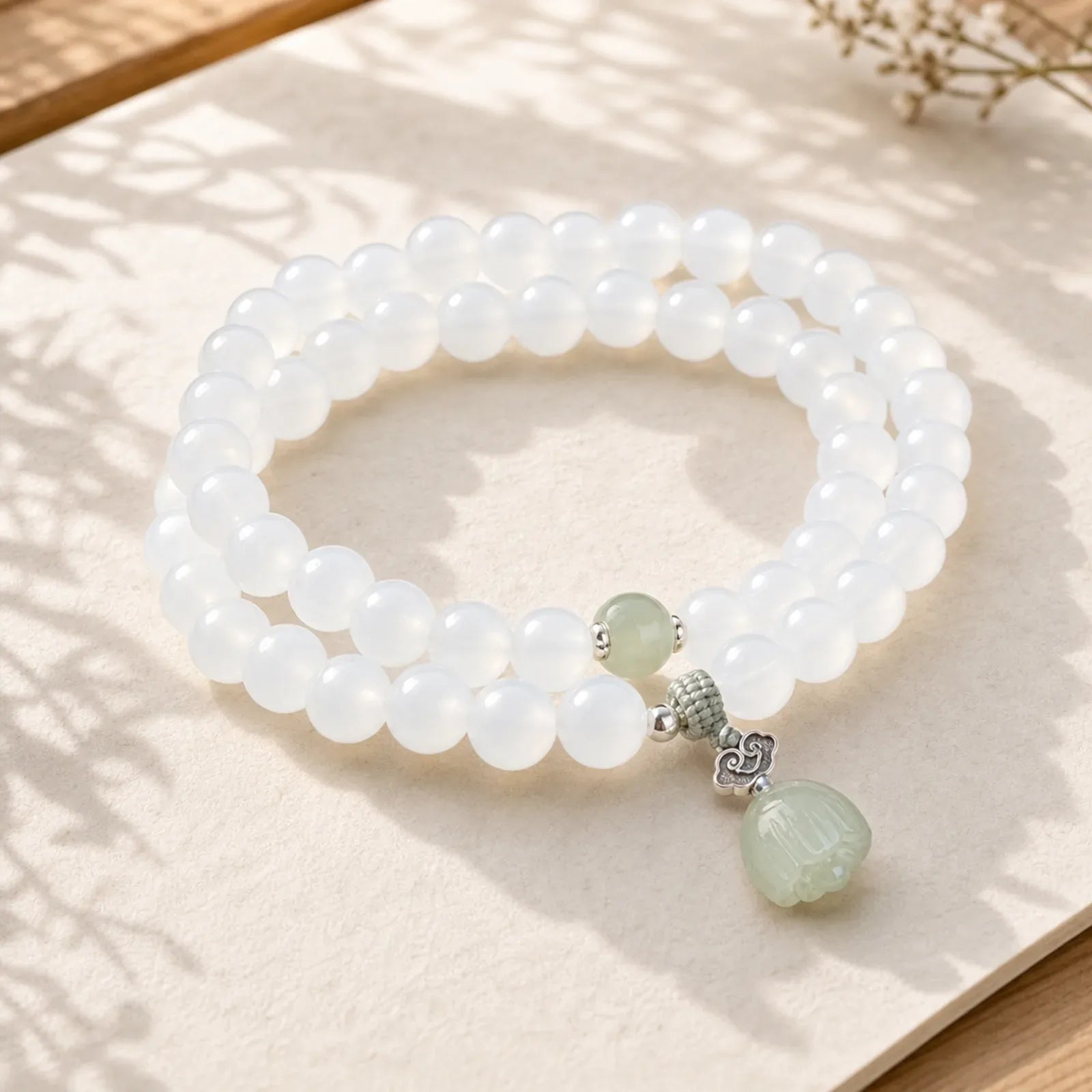 White Agate Jade Lotus Protection Bracelet featuring White Agate, Jade, Lotus
