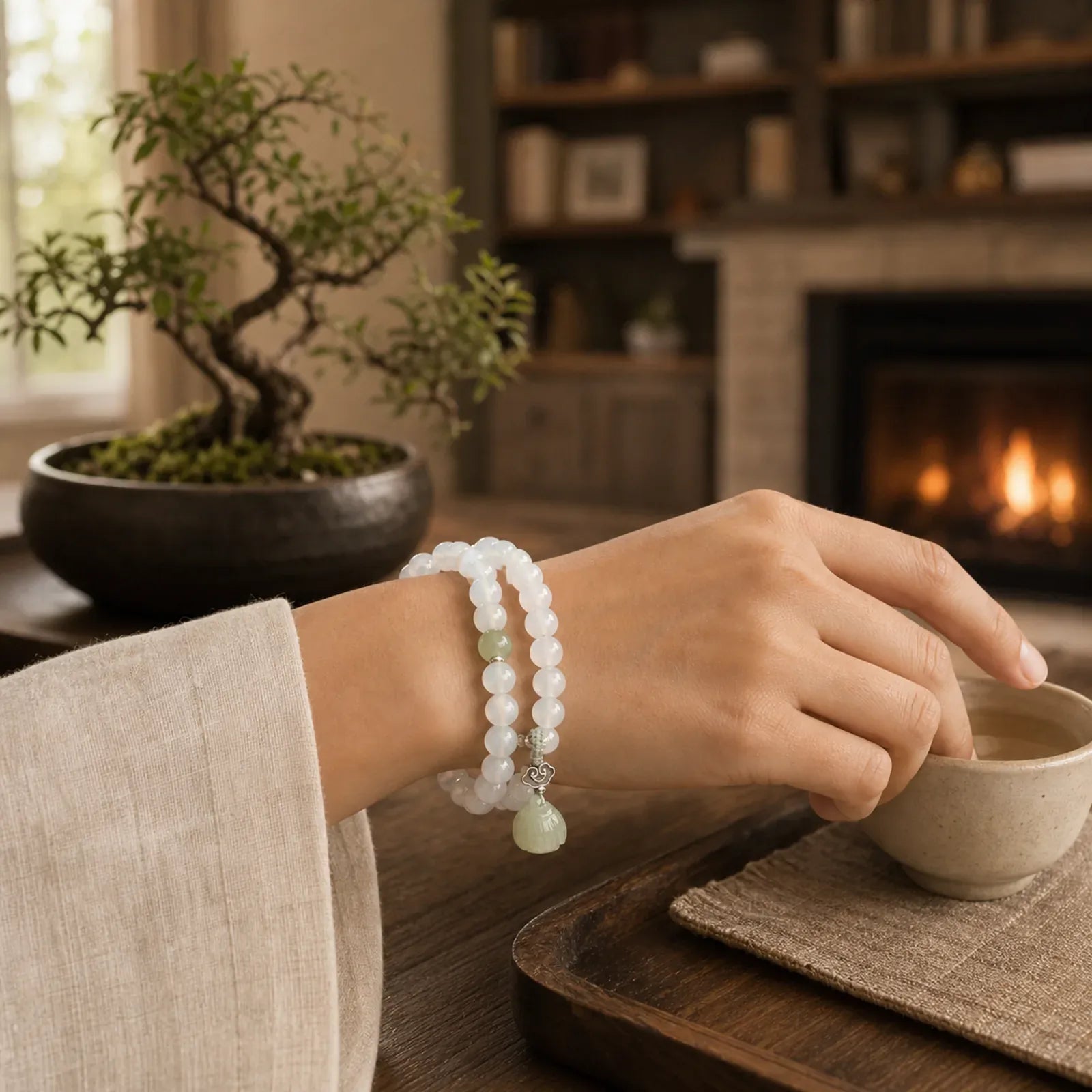 White Agate Jade Lotus Protection Bracelet featuring White Agate, Jade, Lotus
