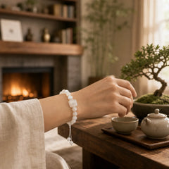 White Agate Pearl 18 Beads Balance Luck Bracelet featuring White Agate, Pearl, White Stone